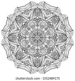 Mandala, tracery wheel mehndi design. Ethnic ornament, doodle symmetry texture. Folk traditional spiritual tribal design. Curved shape, isolated on white. Binary monochrome black and white art. Vector
