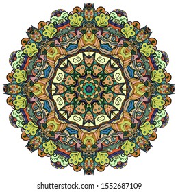 Mandala, tracery wheel mehndi design. Ethnic ornament, colorful doodle symmetry texture. Folk traditional spiritual tribal design. Curved shape, isolated on white. Color art. Vector