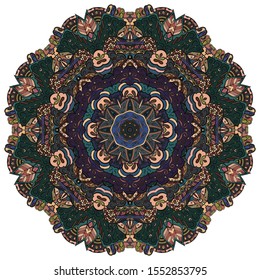 Mandala, tracery wheel mehndi design. Ethnic ornament, colorful doodle symmetry texture. Folk traditional spiritual tribal design. Curved shape, isolated on white. Color art. Vector