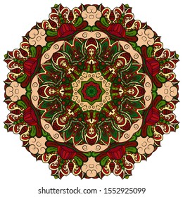 Mandala, tracery wheel mehndi design. Ethnic ornament, colorful doodle symmetry texture. Folk traditional spiritual tribal design. Curved shape, isolated on white. Color art. Vector