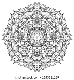 Mandala, tracery wheel mehndi design. Ethnic ornament, doodle symmetry texture. Folk traditional spiritual tribal design. Curved shape, isolated on white. Binary monochrome black and white art. Vector