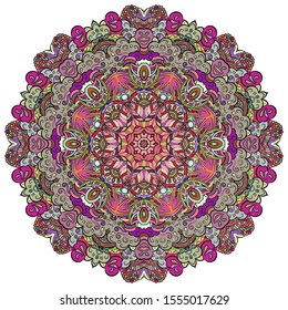 Mandala, tracery wheel mehndi design. Ethnic ornament, colorful doodle symmetry texture. Folk traditional spiritual tribal design. Curved shape, isolated on white. Color art. Vector