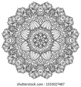 Mandala, tracery wheel mehndi design. Ethnic ornament, doodle symmetry texture. Folk traditional spiritual tribal design. Curved shape, isolated on white. Binary monochrome black and white art. Vector