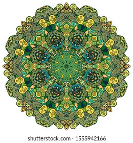 Mandala, tracery wheel mehndi design. Ethnic ornament, colorful doodle symmetry texture. Folk traditional spiritual tribal design. Curved shape, isolated on white. Color art. Vector
