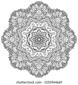 Mandala, tracery wheel mehndi design. Ethnic ornament, doodle symmetry texture. Folk traditional spiritual tribal design. Curved shape, isolated on white. Binary monochrome black and white art. Vector