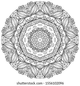 Mandala, tracery wheel mehndi design. Ethnic ornament, doodle symmetry texture. Folk traditional spiritual tribal design. Curved shape, isolated on white. Binary monochrome black and white art. Vector