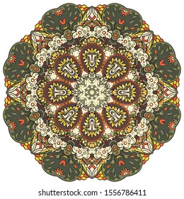Mandala, tracery wheel mehndi design. Ethnic ornament, colorful doodle symmetry texture. Folk traditional spiritual tribal design. Curved shape, isolated on white. Color art. Vector