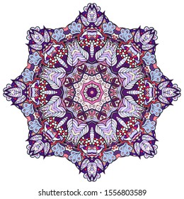 Mandala, tracery wheel mehndi design. Ethnic ornament, colorful doodle symmetry texture. Folk traditional spiritual tribal design. Curved shape, isolated on white. Color art. Vector