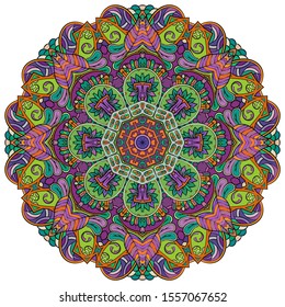 Mandala, tracery wheel mehndi design. Ethnic ornament, colorful doodle symmetry texture. Folk traditional spiritual tribal design. Curved shape, isolated on white. Color art. Vector