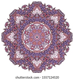 Mandala, tracery wheel mehndi design. Ethnic ornament, colorful doodle symmetry texture. Folk traditional spiritual tribal design. Curved shape, isolated on white. Color art. Vector