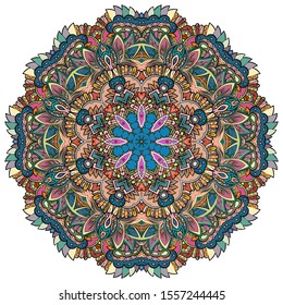 Mandala, tracery wheel mehndi design. Ethnic ornament, colorful doodle symmetry texture. Folk traditional spiritual tribal design. Curved shape, isolated on white. Color art. Vector