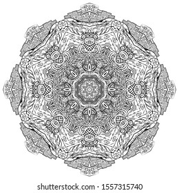 Mandala, tracery wheel mehndi design. Ethnic ornament, doodle symmetry texture. Folk traditional spiritual tribal design. Curved shape, isolated on white. Binary monochrome black and white art. Vector