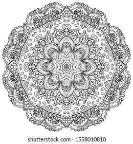 Mandala, tracery wheel mehndi design. Ethnic ornament, doodle symmetry texture. Folk traditional spiritual tribal design. Curved shape, isolated on white. Binary monochrome black and white art. Vector