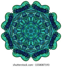 Mandala, tracery wheel mehndi design. Ethnic ornament, colorful doodle symmetry texture. Folk traditional spiritual tribal design. Curved shape, isolated on white. Color art. Vector