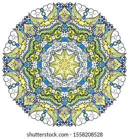 Mandala, tracery wheel mehndi design. Ethnic ornament, colorful doodle symmetry texture. Folk traditional spiritual tribal design. Curved shape, isolated on white. Color art. Vector