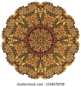 Mandala, tracery wheel mehndi design. Ethnic ornament, colorful doodle symmetry texture. Folk traditional spiritual tribal design. Curved shape, isolated on white. Color art. Vector