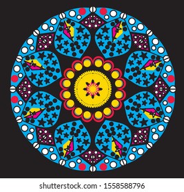 Mandala, tracery wheel mehndi design. Ethnic ornament, colorful doodle symmetry texture. Folk traditional spiritual tribal design. Curved shape, isolated.