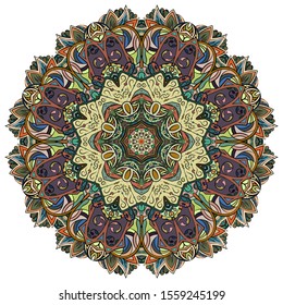 Mandala, tracery wheel mehndi design. Ethnic ornament, colorful doodle symmetry texture. Folk traditional spiritual tribal design. Curved shape, isolated on white. Color art. Vector