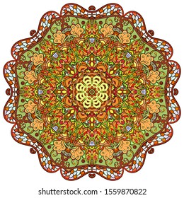 Mandala, tracery wheel mehndi design. Ethnic ornament, colorful doodle symmetry texture. Folk traditional spiritual tribal design. Curved shape, isolated on white. Color art. Vector