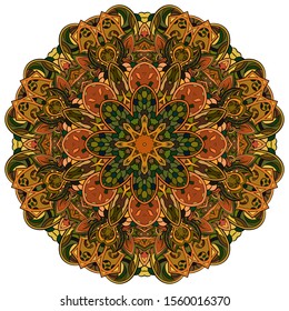 Mandala, tracery wheel mehndi design. Ethnic ornament, colorful doodle symmetry texture. Folk traditional spiritual tribal design. Curved shape, isolated on white. Color art. Vector