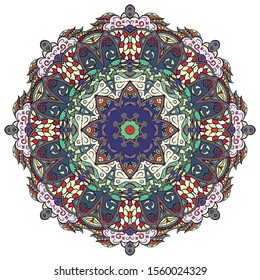 Mandala, tracery wheel mehndi design. Ethnic ornament, colorful doodle symmetry texture. Folk traditional spiritual tribal design. Curved shape, isolated on white. Color art. Vector