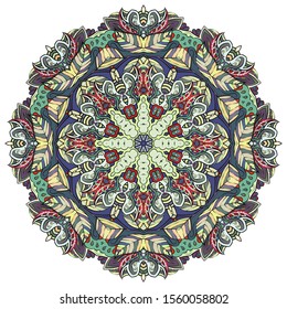 Mandala, tracery wheel mehndi design. Ethnic ornament, colorful doodle symmetry texture. Folk traditional spiritual tribal design. Curved shape, isolated on white. Color art. Vector