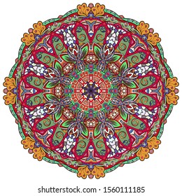 Mandala, tracery wheel mehndi design. Ethnic ornament, colorful doodle symmetry texture. Folk traditional spiritual tribal design. Curved shape, isolated on white. Color art. Vector