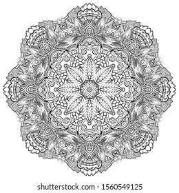Mandala, tracery wheel mehndi design. Ethnic ornament, doodle symmetry texture. Folk traditional spiritual tribal design. Curved shape, isolated on white. Binary monochrome black and white art. Vector