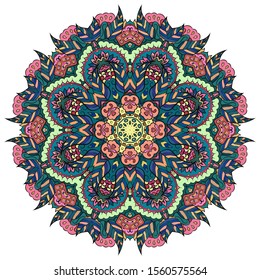 Mandala, tracery wheel mehndi design. Ethnic ornament, colorful doodle symmetry texture. Folk traditional spiritual tribal design. Curved shape, isolated on white. Color art. Vector