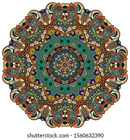 Mandala, tracery wheel mehndi design. Ethnic ornament, colorful doodle symmetry texture. Folk traditional spiritual tribal design. Curved shape, isolated on white. Color art. Vector