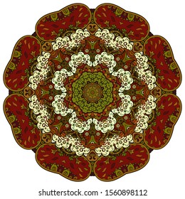 Mandala, tracery wheel mehndi design. Ethnic ornament, colorful doodle symmetry texture. Folk traditional spiritual tribal design. Curved shape, isolated on white. Color art. Vector