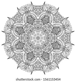 Mandala, tracery wheel mehndi design. Ethnic ornament, doodle symmetry texture. Folk traditional spiritual tribal design. Curved shape, isolated on white. Binary monochrome black and white art. Vector