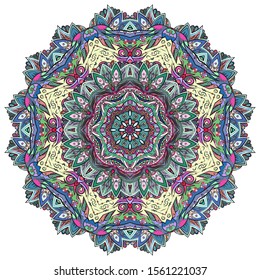 Mandala, tracery wheel mehndi design. Ethnic ornament, colorful doodle symmetry texture. Folk traditional spiritual tribal design. Curved shape, isolated on white. Color art. Vector