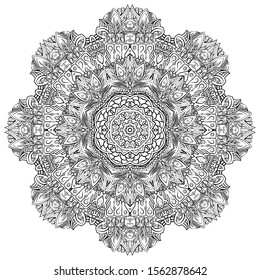 Mandala, tracery wheel mehndi design. Ethnic ornament, doodle symmetry texture. Folk traditional spiritual tribal design. Curved shape, isolated on white. Binary monochrome black and white art. Vector