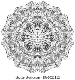 Mandala, tracery wheel mehndi design. Ethnic ornament, doodle symmetry texture. Folk traditional spiritual tribal design. Curved shape, isolated on white. Binary monochrome black and white art. Vector
