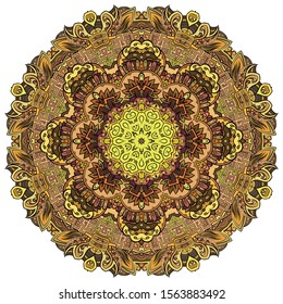 Mandala, tracery wheel mehndi design. Ethnic ornament, colorful doodle symmetry texture. Folk traditional spiritual tribal design. Curved shape, isolated on white. Color art. Vector
