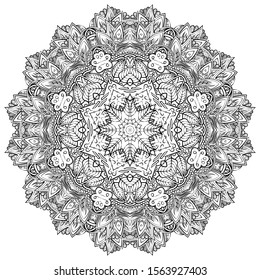 Mandala, tracery wheel mehndi design. Ethnic ornament, doodle symmetry texture. Folk traditional spiritual tribal design. Curved shape, isolated on white. Binary monochrome black and white art. Vector