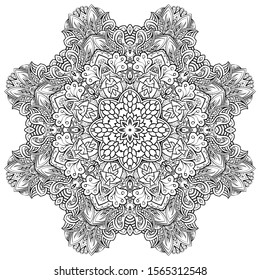 Mandala, tracery wheel mehndi design. Ethnic ornament, doodle symmetry texture. Folk traditional spiritual tribal design. Curved shape, isolated on white. Binary monochrome black and white art. Vector