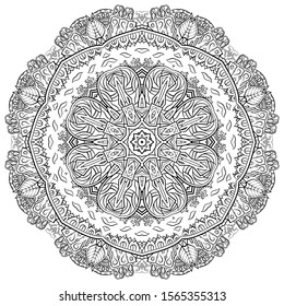 Mandala, tracery wheel mehndi design. Ethnic ornament, doodle symmetry texture. Folk traditional spiritual tribal design. Curved shape, isolated on white. Binary monochrome black and white art. Vector