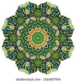 Mandala, tracery wheel mehndi design. Ethnic ornament, colorful doodle symmetry texture. Folk traditional spiritual tribal design. Curved shape, isolated on white. Color art. Vector