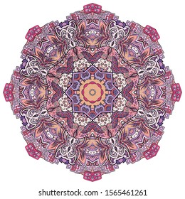 Mandala, tracery wheel mehndi design. Ethnic ornament, colorful doodle symmetry texture. Folk traditional spiritual tribal design. Curved shape, isolated on white. Color art. Vector
