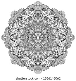 Mandala, tracery wheel mehndi design. Ethnic ornament, doodle symmetry texture. Folk traditional spiritual tribal design. Curved shape, isolated on white. Binary monochrome black and white art. Vector