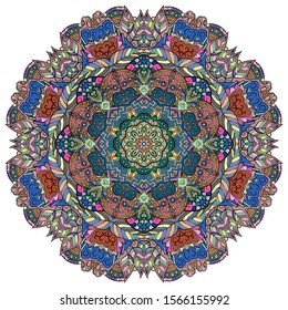 Mandala, tracery wheel mehndi design. Ethnic ornament, colorful doodle symmetry texture. Folk traditional spiritual tribal design. Curved shape, isolated on white. Color art. Vector