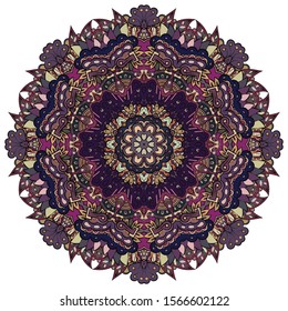 Mandala, tracery wheel mehndi design. Ethnic ornament, colorful doodle symmetry texture. Folk traditional spiritual tribal design. Curved shape, isolated on white. Color art. Vector