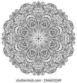 Mandala, tracery wheel mehndi design. Ethnic ornament, doodle symmetry texture. Folk traditional spiritual tribal design. Curved shape, isolated on white. Binary monochrome black and white art. Vector