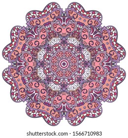 Mandala, tracery wheel mehndi design. Ethnic ornament, colorful doodle symmetry texture. Folk traditional spiritual tribal design. Curved shape, isolated on white. Color art. Vector
