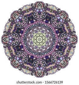 Mandala, tracery wheel mehndi design. Ethnic ornament, colorful doodle symmetry texture. Folk traditional spiritual tribal design. Curved shape, isolated on white. Color art. Vector