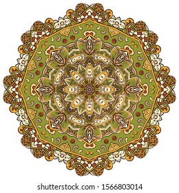 Mandala, tracery wheel mehndi design. Ethnic ornament, colorful doodle symmetry texture. Folk traditional spiritual tribal design. Curved shape, isolated on white. Color art. Vector