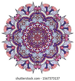 Mandala, tracery wheel mehndi design. Ethnic ornament, colorful doodle symmetry texture. Folk traditional spiritual tribal design. Curved shape, isolated on white. Color art. Vector