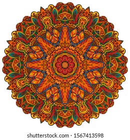 Mandala, tracery wheel mehndi design. Ethnic ornament, colorful doodle symmetry texture. Folk traditional spiritual tribal design. Curved shape, isolated on white. Color art. Vector